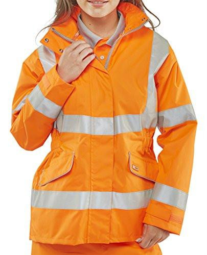 BeeSwift LBD35ORXL Ladies Executive High Visibility Jacket, X-Large, Orange, worn by a woman, featuring reflective strips and a front zipper for safety and visibility.