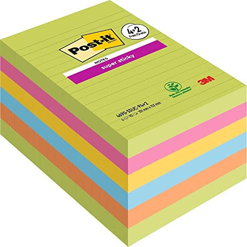 Post-it Super Sticky Notes, Assorted Colours, lined, 101 mm x 152 mm, 90 Sheets/Pad, 4 + 2 FREE Pads/Pack Post-it Super Sticky Notes, Assorted Colours, lined, 101 mm x 152 mm, 90 Sheets/Pad, 4 + 2 FREE Pads/Pack