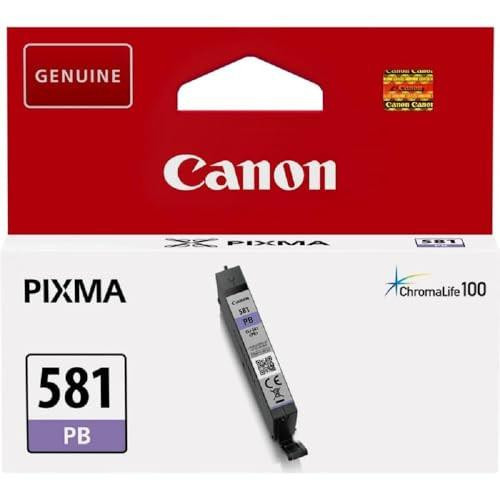 Cartouche d'encre Canon CLI-581PB (Bleu Photo), genuine blue photo ink cartridge for Canon printers with packaging showing product details and compatibility.