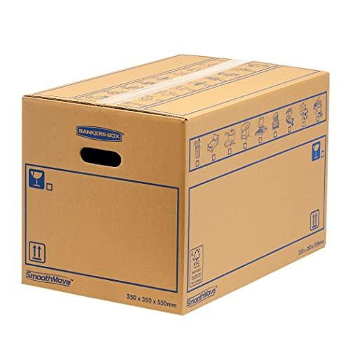 10 BANKERS BOX Large Strong Moving Boxes, 67L SmoothMove Cardboard Boxes, Heavy Duty Double Wall Boxes for Moving House with Handles, 35 x 35 x 55 cm (Pack of 10), Brown, showing a sturdy cardboard moving box with handles and printed labels for easy handling.