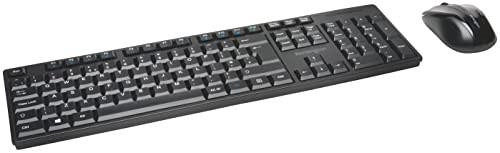 Kensington Pro Fit Low-Profile Wireless Keyboard and Mouse Set Desktop, Multimedia Keys, Ambidextrous, Home Office Keyboard and Mouse Set QWERTY, Black, image showing the sleek black wireless keyboard with multimedia keys and a matching mouse for ergonomic use.