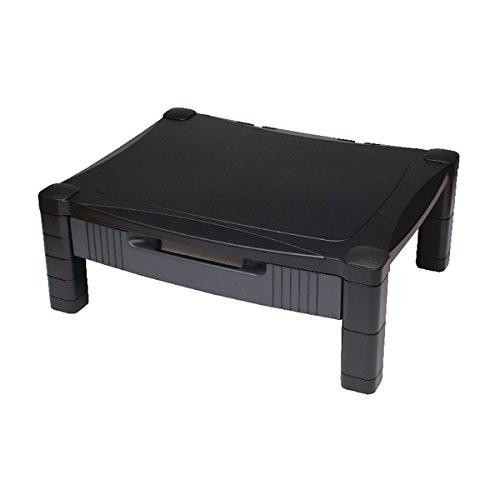 Contour Ergonomics Adjustable Monitor Stand with Drawer Black, a black ergonomic monitor stand with adjustable height, a built-in drawer for accessories, and sturdy legs for stability.