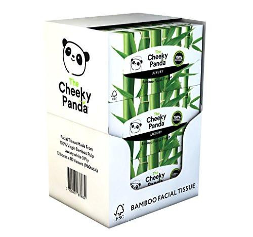The Cheeky Panda Bamboo Facial Tissues Box Multipack, image of a retail box containing 12 packs of silky soft bamboo facial tissues with panda logo and green bamboo design.