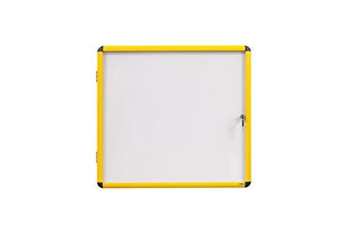 Bi-Office Ultrabrite Display Cabinet 6 x A4 Magnetic with Yellow Aluminium Frame, front view of the white display cabinet with magnetic door and yellow metal frame.