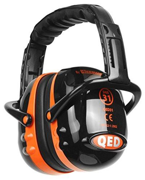 Quality Ear Defender 31db Noise Protection Earmuff, black and orange hearing protection earmuffs with adjustable headband.