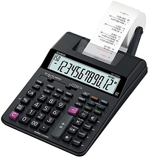 Casio HR-150RCE-WA-EC Printing Desktop Calculator, Black, with a paper roll producing printed calculations.