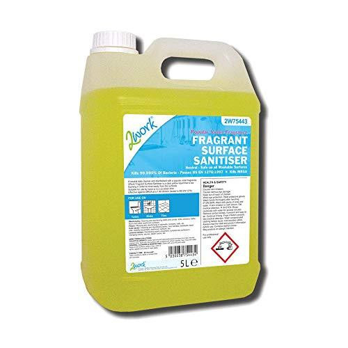 2Work Fragrant Surface Sanitiser 5 Litre, yellow disinfectant liquid in a large container with a handle and label showing product details.