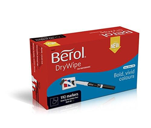 Berol Dry Wipe Whiteboard Marker Pens Broad Tip Black Low-Odour Ink 192 Dry Erase Markers, red and black packaging with an image of a black marker pen.