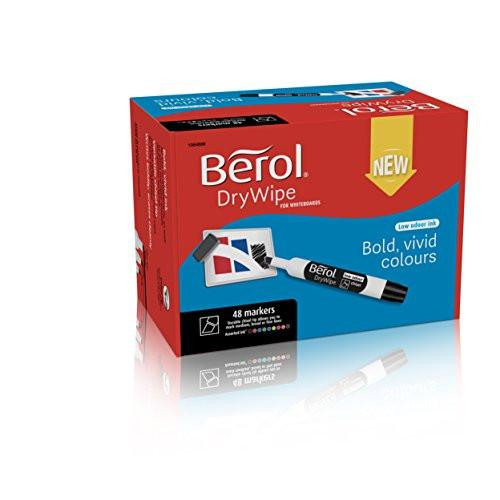 Berol Dry Wipe Whiteboard Marker Pens Chisel Tip Assorted Colours 48 Count Dry Erase Markers, front view of the colorful box showing the product name and markers.