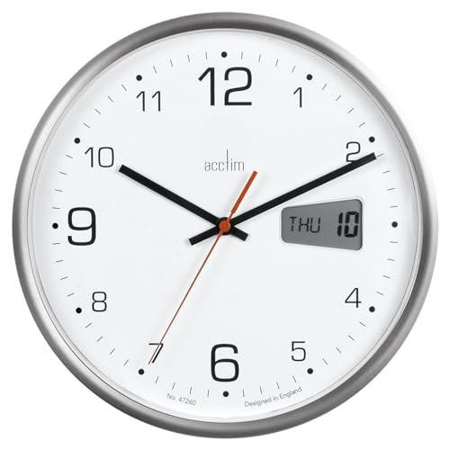 Acctim Kalendar Wall Clock Non-Ticking Sweep LCD Digital Display Energy Efficient Silver 27cm, large round wall clock with a white face, black hour and minute hands, a red second hand, and a digital day and date display.