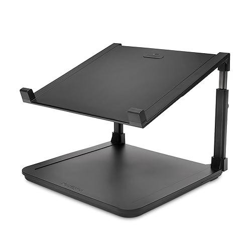 Kensington Laptop Riser - Ergonomic Laptop Stand for Home Office (up to 15.6 inch) with Anti-Skid Design, Security Slot and SmartFit System, Black, showing a sturdy black laptop riser with adjustable height and tilt for ergonomic comfort.