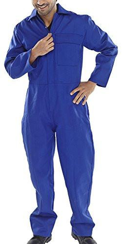 FIRE RETARDANT BOILERSUIT ROYAL BLUE 46, a man wearing a royal blue fire retardant coverall with a front zipper and chest pocket, standing with one hand on his waist.