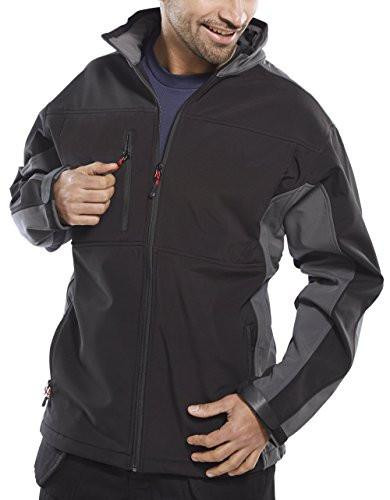 TWO TONE SOFT SHELL JACKET BLACK/GREY 5XL, a man wearing a black and grey two-tone soft shell jacket with a zipper and adjustable cuffs.