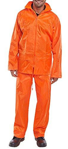 NYLON B-DRI SUIT ORANGE M, front view of a man wearing a bright orange nylon B-Dri suit with a full zipper, hood, and matching pants for protective waterproof wear.