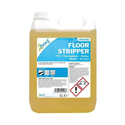 2Work Floor Stripper Non-Rinse Formula 5 Litre Bulk Bottle, with a yellow liquid inside a white container, featuring a blue and white label detailing product information and hazards.