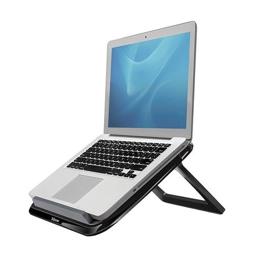 Fellowes Laptop Stand for Desk - I-Spire Series Adjustable Laptop Stand for the Home and Office - Portable Laptop Stand with 7 Height Adjustments - Max Monitor Size 17'', Max Weight 4KG - Black, a black and silver adjustable laptop stand supporting a silver laptop with a black keyboard in an inclined position.