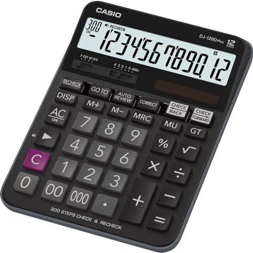 Casio DJ-120DPLUS-W-EP Plus Desktop Calculator with Check and Correct Function, black color, featuring a large display and multiple function keys for accurate calculations.