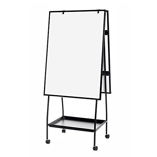 Bi-Office Mobile Easel Creation Station, Magnetic Double sided, Black Aluminium Frame, 170 x 77 x 60 cm, standing portable whiteboard with magnetic surface and storage tray on wheels.