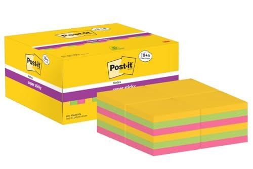 Post-it Super Sticky Notes, Value Pack with 24 Pads (18 + 6 FREE), 90 Sheets per Pad, 47.6 mm x 47.6 mm - Brightly colored extra sticky notes for walls, monitors, and fridge.