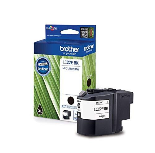Brother LC-22EBK Inkjet Cartridge, Black, Single Pack, Super High Yield, Includes 1 x Inkjet Cartridge, Brother Genuine Supplies, with packaging and cartridge shown.