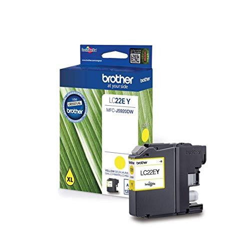 Brother LC-22EY Inkjet Cartridge, Yellow, Single Pack, Super High Yield, includes 1 inkjet cartridge, Brother Genuine Supplies, with packaging and cartridge image.