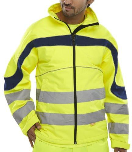 ETON HI-VIZ SOFT SHELL JACKET SATURN YELLOW / NAVY 5XL, high-visibility yellow soft shell jacket with navy accents and reflective bands for safety.