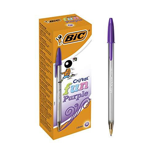 BIC Cristal Fun, Ballpoint Pens, Smudge-Proof Writing Pens and Wide Point (1.6 mm), Ideal for School, Purple Ink, Pack of 20, with a purple pen next to the orange and purple packaging box.