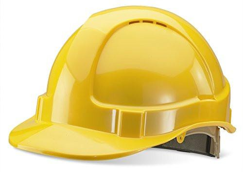 Vented Safety Helmet with Ratchet Yellow, safety helmet with ventilation slots and adjustable ratchet strap in bright yellow color.