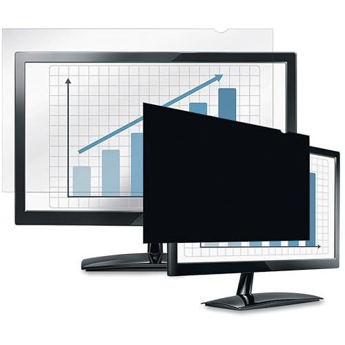 Fellowes PrivaScreen Anti Glare Black Privacy Filter & Screen Protector For Monitor/Computer, 24'' Inches 16:9 Widescreen - Easy Attach & Removal With Quick Reveal Tabs, image of two monitors with privacy screens showing graphical data.