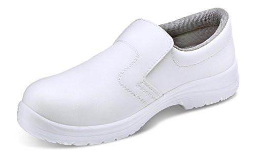 MICRO-FIBRE SLIP ON SHOE S2 WHITE 09, white slip-on safety shoe with a smooth surface and cushioned interior for comfort and protection.