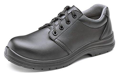 MICRO-FIBRE TIE SHOE S2 BLACK 07, a black slip-resistant safety shoe with a smooth microfiber upper, cushioned collar, and sturdy rubber sole suitable for industrial use.