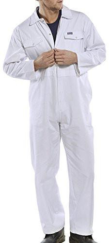 CLICK BOILERSUIT WHITE 52, a white industrial boilersuit worn by a man, featuring a front zipper, multiple chest pockets, and long sleeves for safety and protection in work environments.