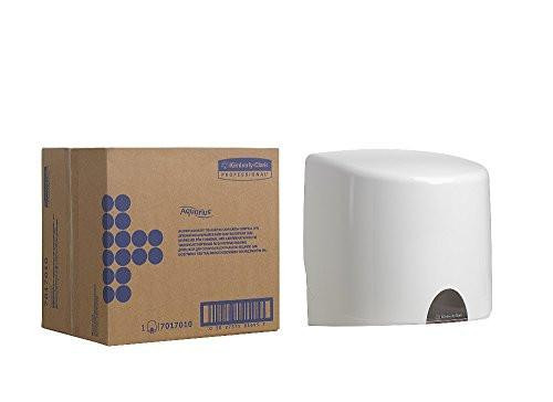 Aquarius Centrefeed Roll Wiper Dispenser 7017 White, white central roll dispenser with a minimalist design and a cardboard box for packaging.