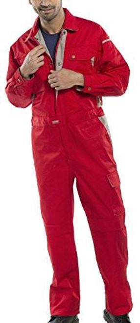 CLICK PREMIUM BOILERSUIT RED 54, a man wearing a red boilersuit with multiple pockets and reflective strips for safety in industrial or construction work.