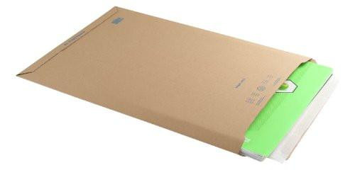 Blake Purely Packaging 353 x 250 mm Corrugated Envelopes Plastic Free Peel & Seal Tamper Evident Recycled Brown Kraft - Pack of 100, a brown kraft corrugated envelope with a green peel-and-seal closure partially opened.