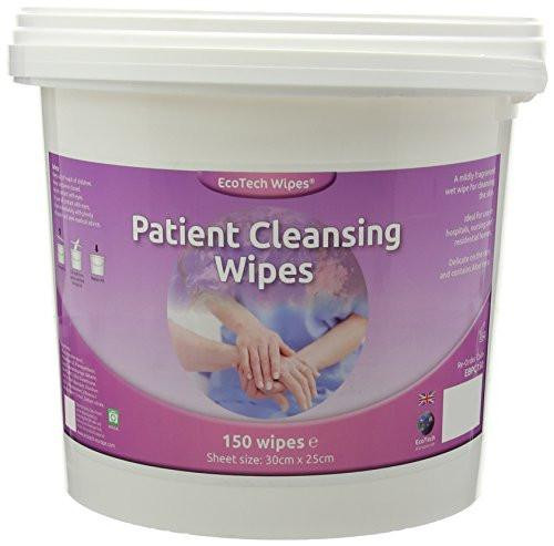 ECOTECH 706072 Patient Cleansing Wipes (Pack of 150), white plastic tub with purple label showing an image of hands being cleaned with wipes.
