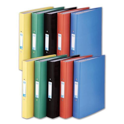 Elba A4 2-Ring Binders, Black/Blue/Yellow/Red/Green, Pack of 10 Folders 40mm, colorful office storage folders for organizing documents.