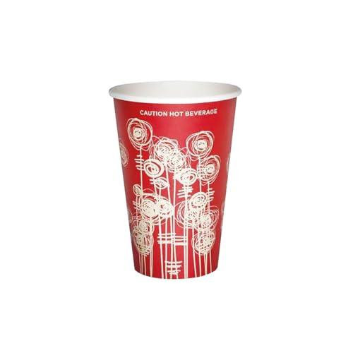Paper Vending Cup 9oz 25cl Swirl Design (Pack of 1000), red cup with white swirl pattern and caution hot beverage message at the top.
