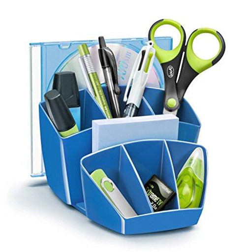 CEP CepPro Gloss Desktop Organizer with 8 Compartments - Ocean Blue, showcasing a blue plastic desk organizer holding pens, scissors, a CD, a notepad, and a small sticky note pad.