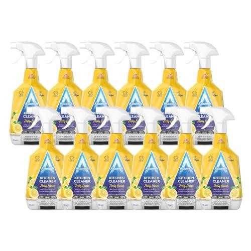 Astonish Kitchen Cleaner, Vegan and Cruelty-Free, Blended with Natural Oils, Zesty Lemon, 12 Pack, featuring spray bottles with yellow labels and lemon imagery.