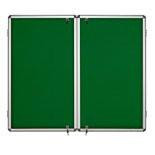 Bi-Office Indoor Double Door Display Case 2400 x 1200 Green Felt Pin Board with Aluminium Lockable Glazed Framing, front view of the lockable display case with green felt pin board surface and aluminium framing.