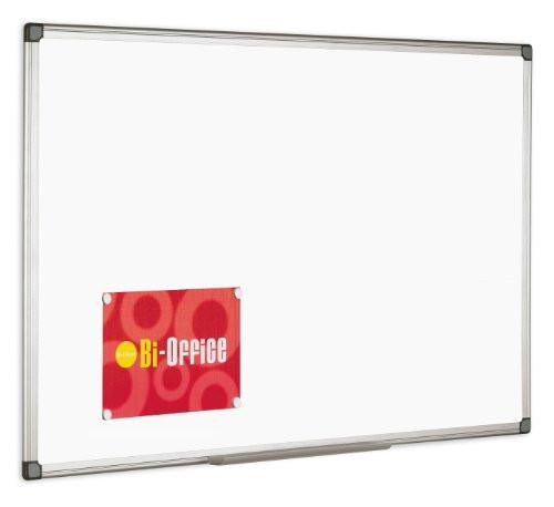 Bi-office MB0406186 Magnetic Whiteboard Aluminium Finish, whiteboard with aluminium frame and a red Bi-office logo sticker on it.