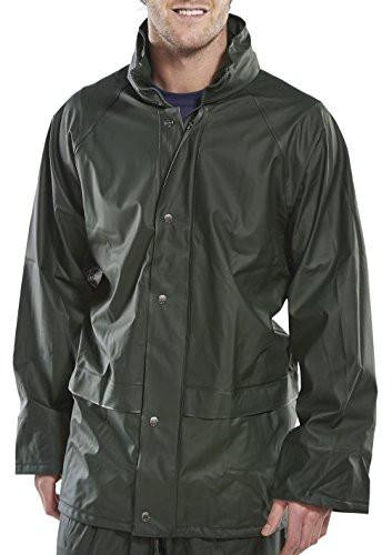 SUPER B-DRI JACKET OLIVE GREEN XXL, a man wearing a waterproof olive green jacket with a high collar and snap buttons, made for outdoor protection.