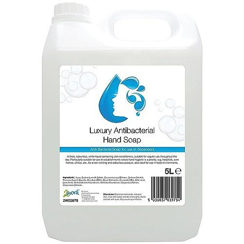 2Work Conditioning Antibacterial Handwash 5 Litre Bulk Bottle, white plastic container with a handle and a label displaying product details and a blue face logo.