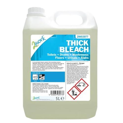 2Work Thick Bleach 5 Litre, industrial strength disinfectant cleaning product for toilets, drains, washrooms, floors, urinals, and sinks with safety warning labels.