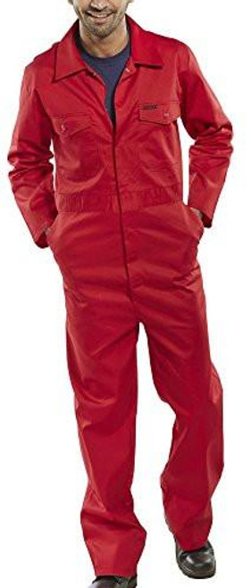Beeswift PCBSRE38 CLICK BOILERSUIT RED 38, a man wearing a red click boilersuit with front pockets and zipper closure.