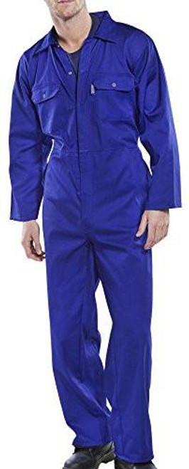 CLICK REGULAR BOILERSUIT ROYAL BLUE 38, a man wearing a full-body royal blue work boilersuit with front pockets and a zip closure.