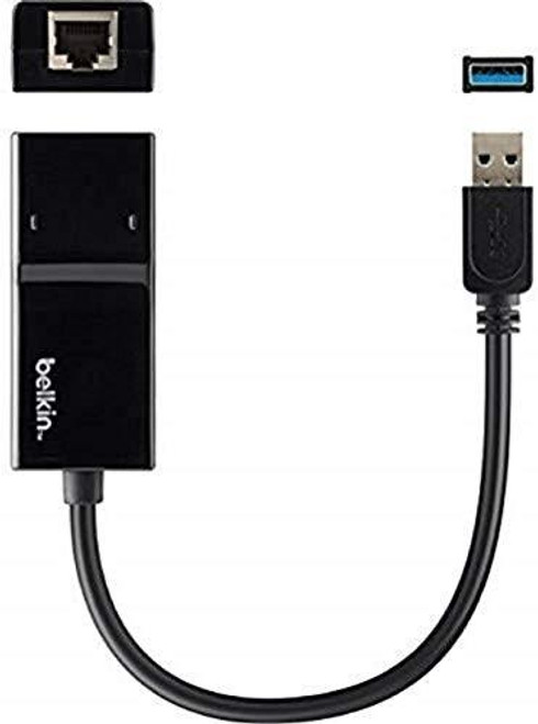 Belkin B2B048 USB 3.0 Gigabit Ethernet LAN Network Adapter, black color, showing the USB and Ethernet ports for Nintendo Switch connection.