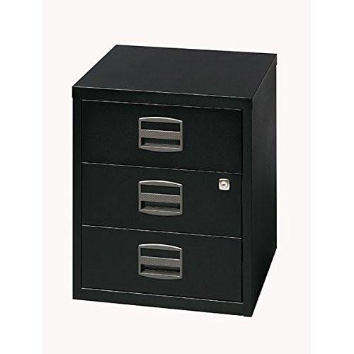 Bisley Filing Cabinet, Steel, Goose Grey Oxford Blue, One Size, black steel filing cabinet with three drawers and a lock.