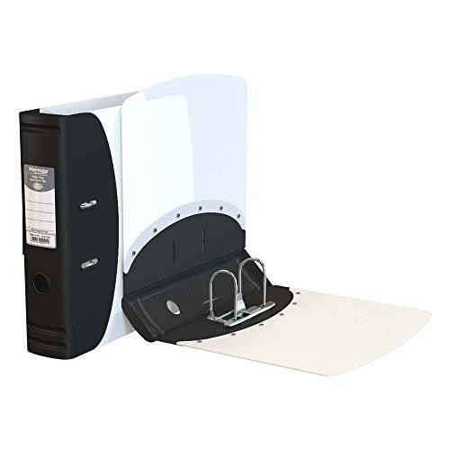 Hermes 832001 A4 60mm Lever Arch File Heavy Duty Capacity - Black, a sturdy black and white lever arch file with a metal ring binder and index tabs for organizing documents.